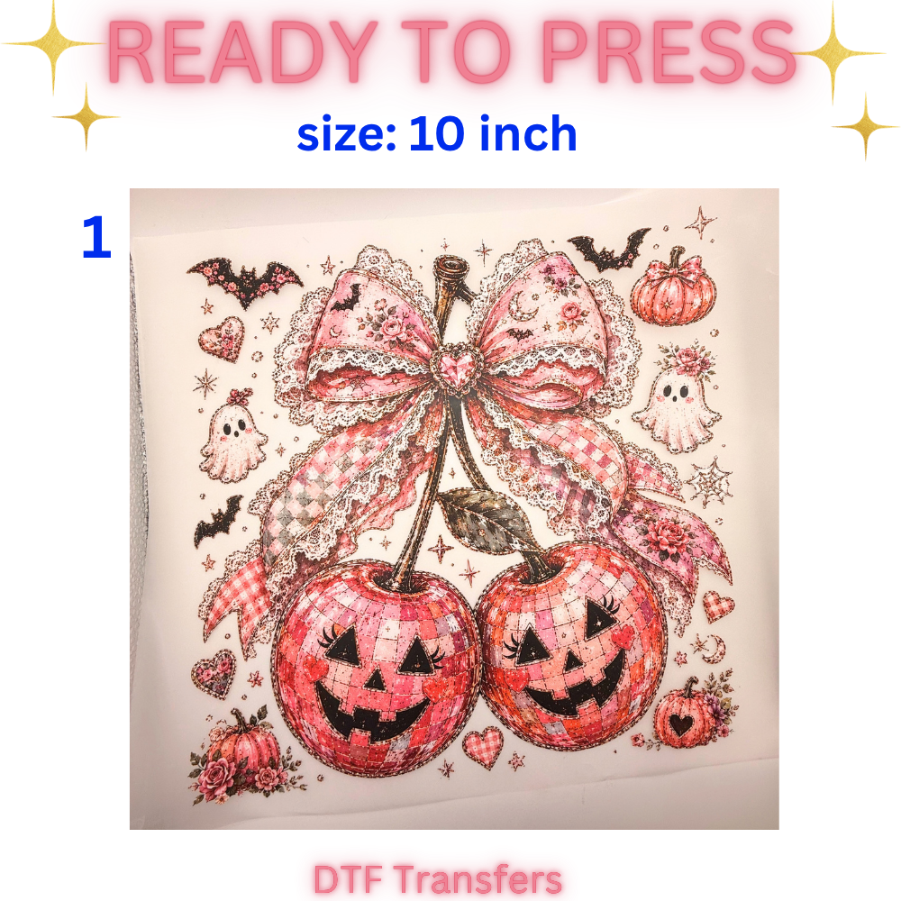 Pink Halloween Cherry DTF Transfers | 10-Inch Ready-to-Press | 3 Designs