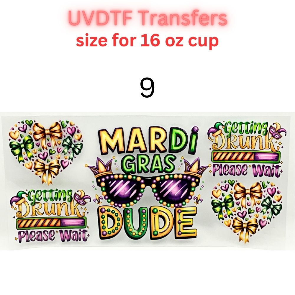 Mardi Gras UVDTF Cup Wrap | Carnival Tumbler Decal | Purple Green Gold Beads Mask Design | 16oz Glass Cup Transfer