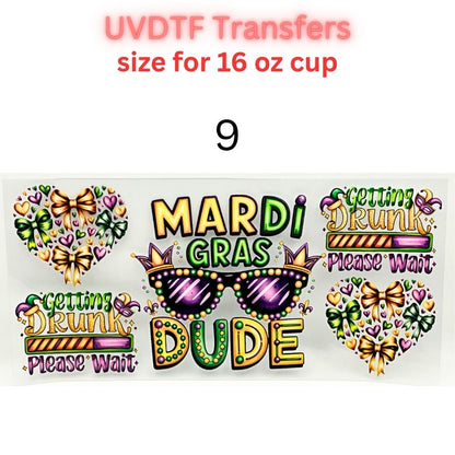 Mardi Gras UVDTF Cup Wrap | Carnival Tumbler Decal | Purple Green Gold Beads Mask Design | 16oz Glass Cup Transfer