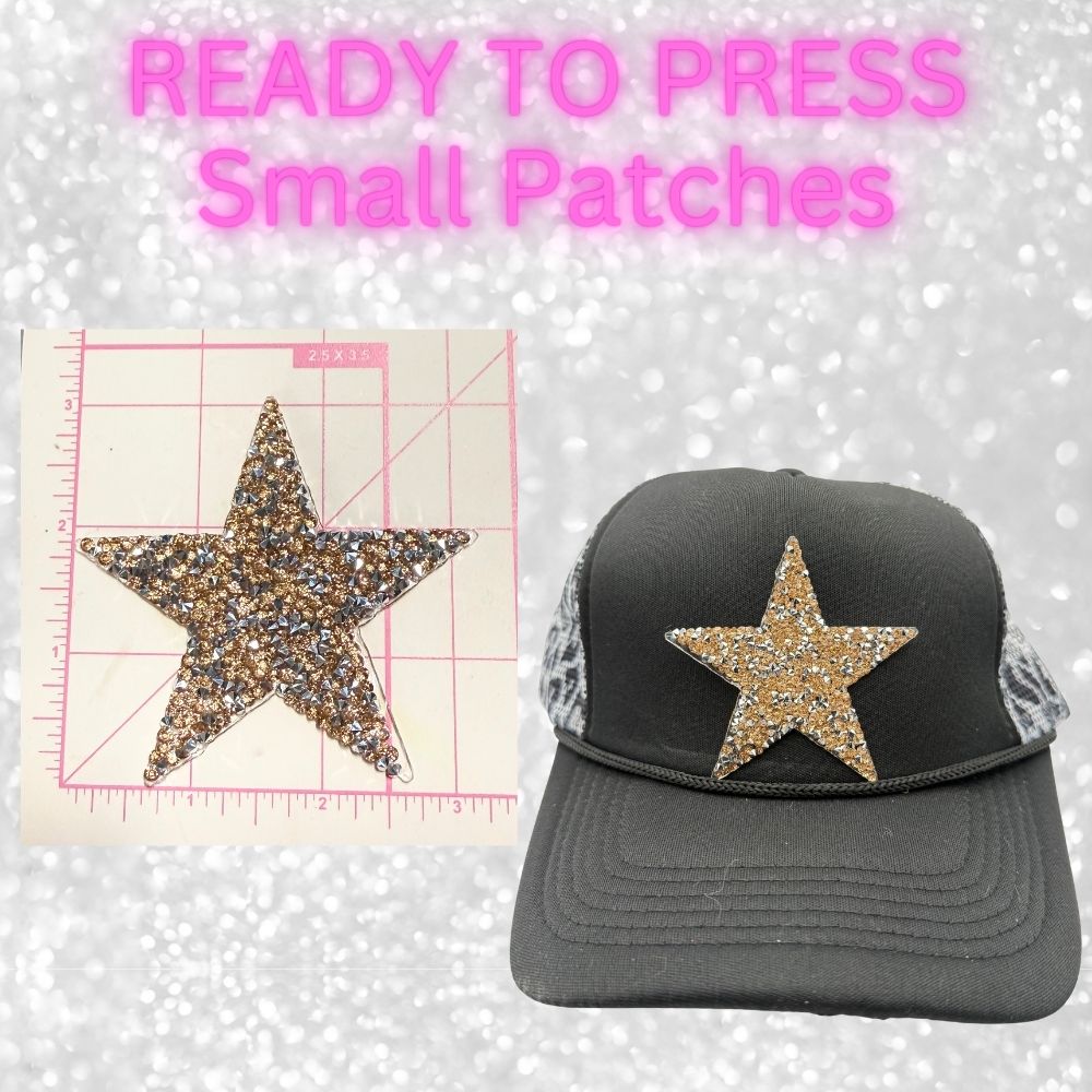 ⭐ READY TO PRESS – Small Rhinestone | Glitter | Appliqué | Trucker Hat Patches Star Patches ⭐