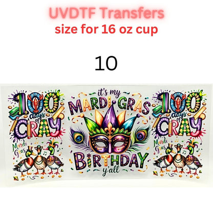 Mardi Gras UVDTF Cup Wrap | Carnival Tumbler Decal | Purple Green Gold Beads Mask Design | 16oz Glass Cup Transfer