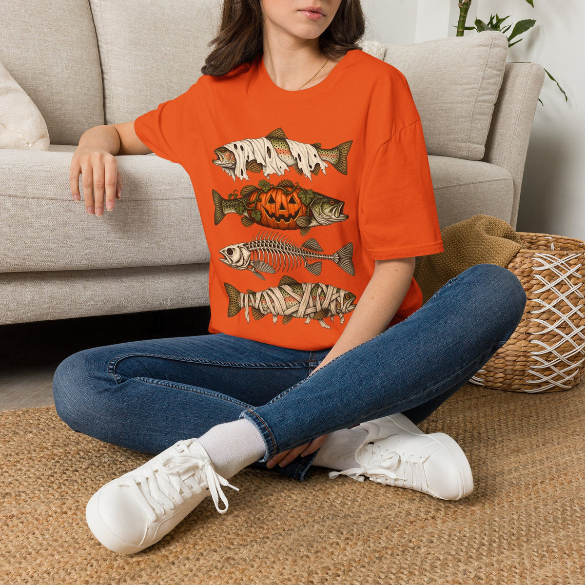 Halloween Fish Skull T-Shirt – Spooky Pumpkin & Fish Bones Fishing Tee