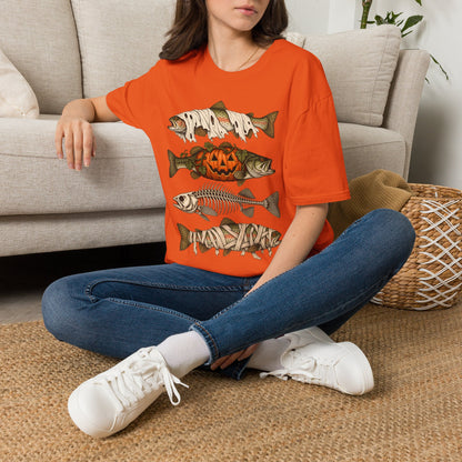 Halloween Fish Skull T-Shirt – Spooky Pumpkin & Fish Bones Fishing Tee