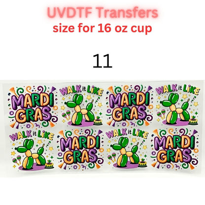 Mardi Gras UVDTF Cup Wrap | Carnival Tumbler Decal | Purple Green Gold Beads Mask Design | 16oz Glass Cup Transfer