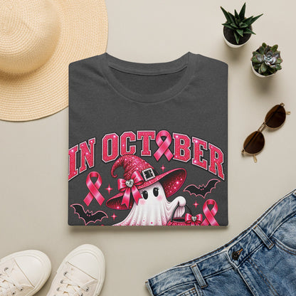 October Breast Cancer Awareness T-Shirt — Pink Ribbon Ghost Halloween Tee