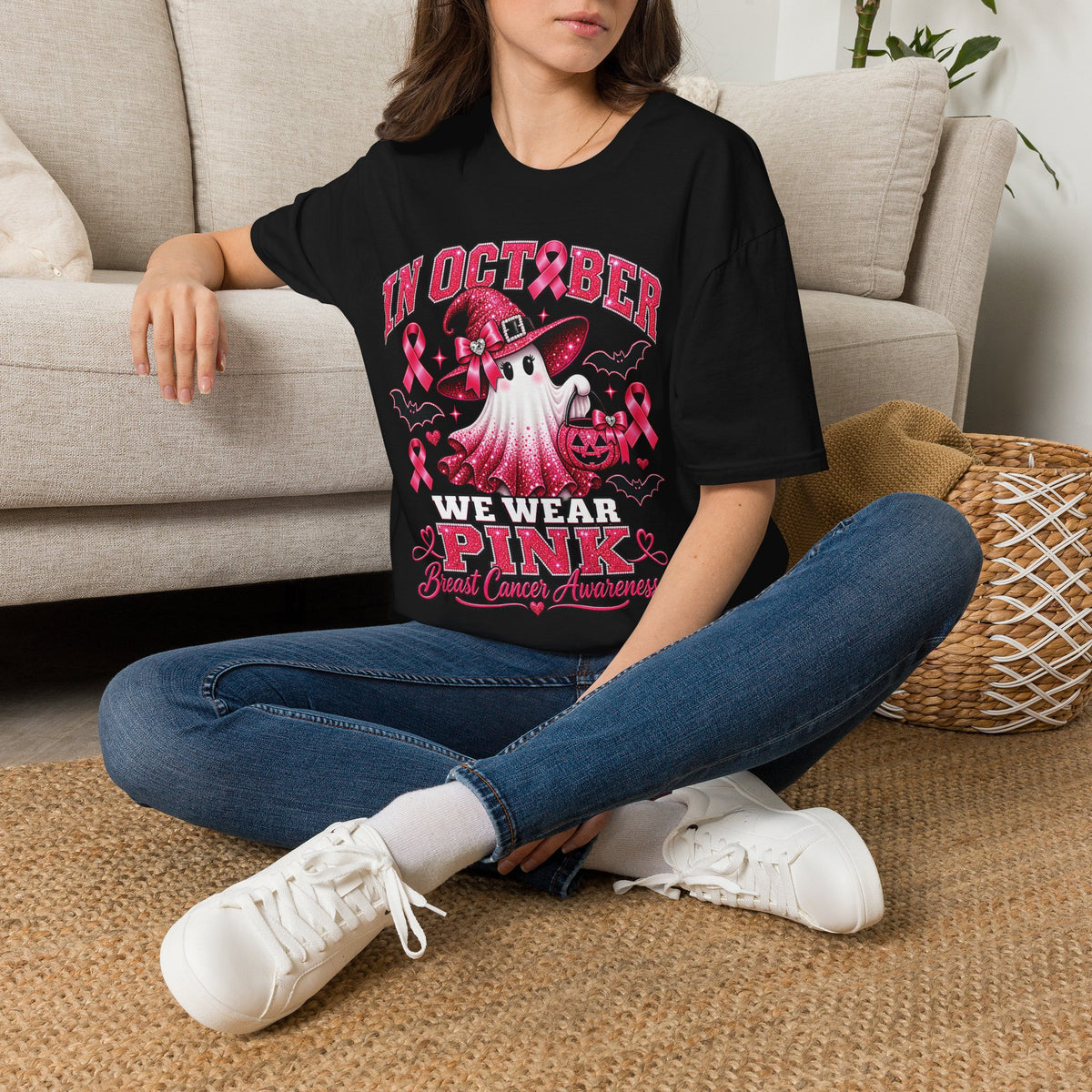 October Breast Cancer Awareness T-Shirt — Pink Ribbon Ghost Halloween Tee