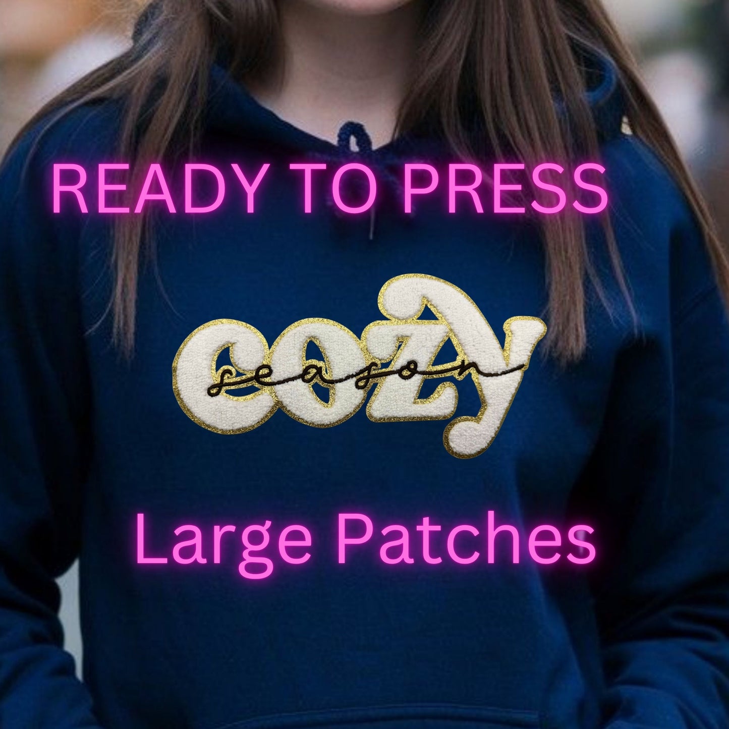 COZY Season Chenille Patch – White Bouclé with Gold Glitter Border & Black Script – Iron-On or Sew-On