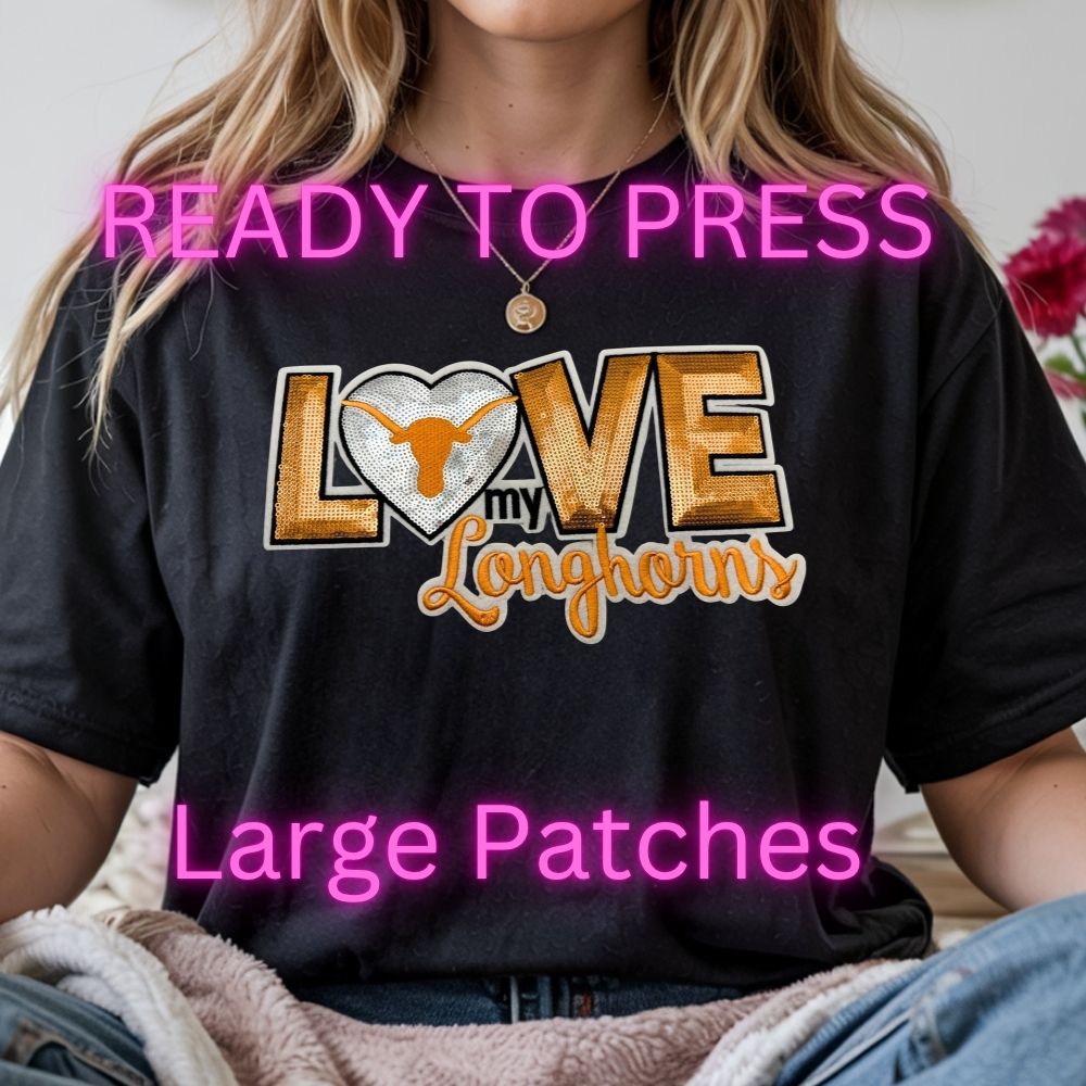 LOVE My Longhorns Sequin Patch – Orange & Silver Glitter Appliqué | Iron-On or Sew-On Sparkle Patch for Jackets, Hoodies, Bags & Game Day Outfits