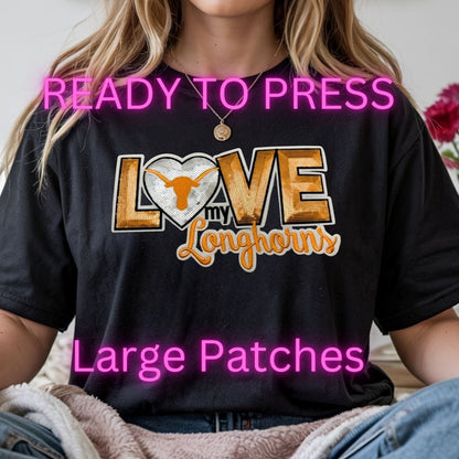 LOVE My Longhorns Sequin Patch – Orange & Silver Glitter Appliqué | Iron-On or Sew-On Sparkle Patch for Jackets, Hoodies, Bags & Game Day Outfits