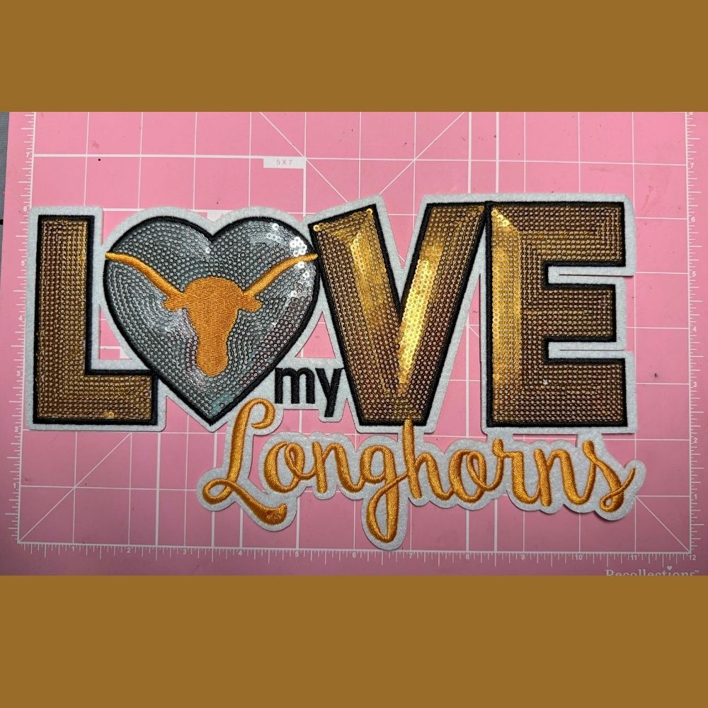 LOVE My Longhorns Sequin Patch – Orange & Silver Glitter Appliqué | Iron-On or Sew-On Sparkle Patch for Jackets, Hoodies, Bags & Game Day Outfits