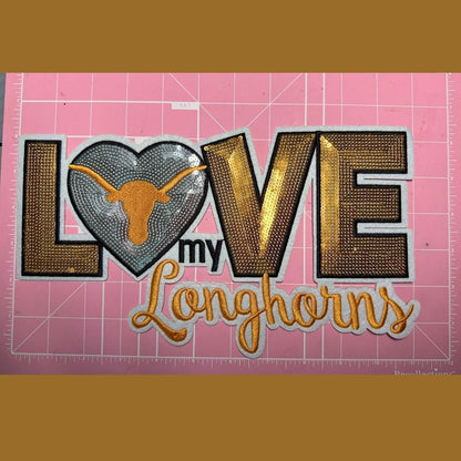 LOVE My Longhorns Sequin Patch – Orange & Silver Glitter Appliqué | Iron-On or Sew-On Sparkle Patch for Jackets, Hoodies, Bags & Game Day Outfits