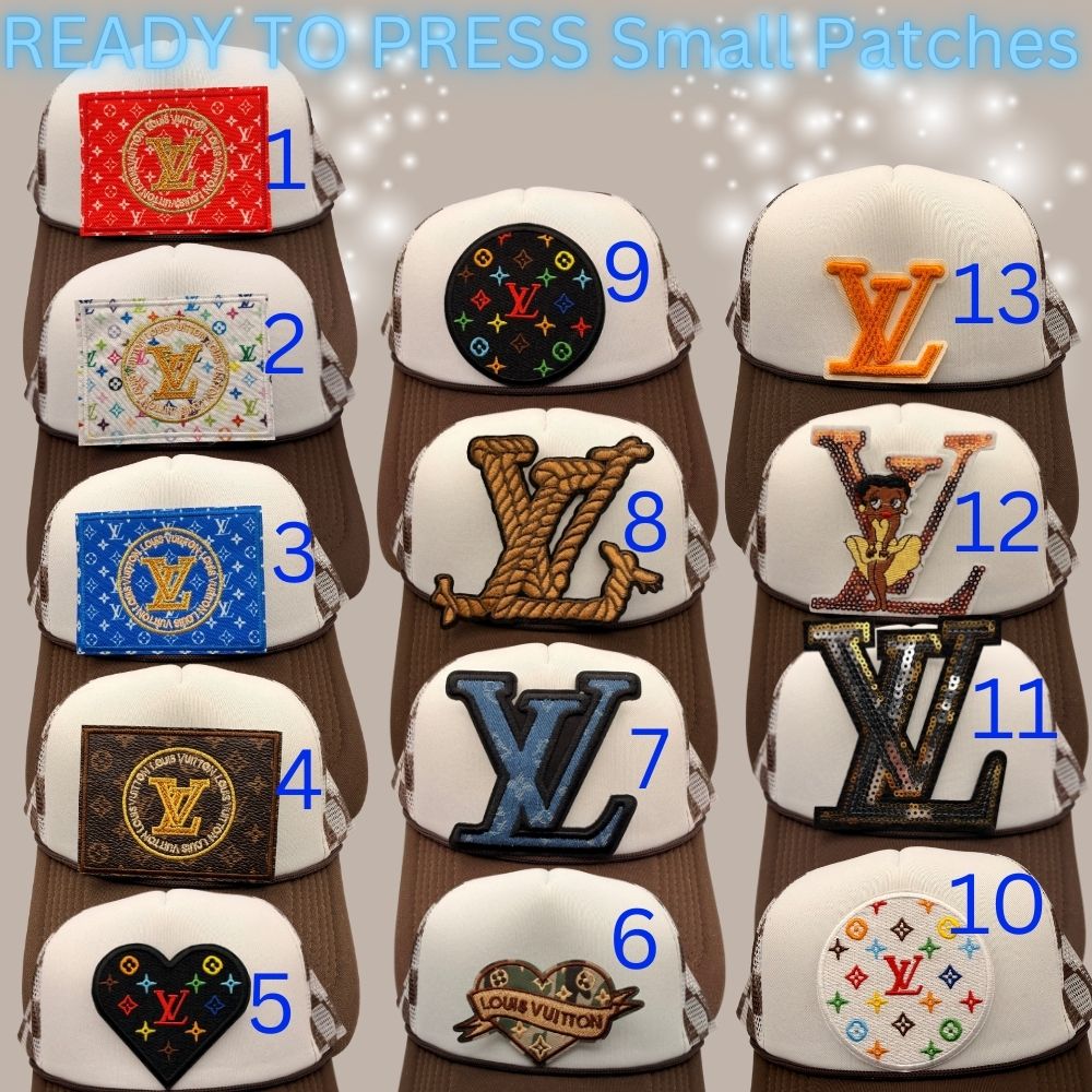 Designer-Inspired Monogram & Icon Patches – Embroidered Ready-to-Press Appliqués for Trucker Hats & Apparel (13 Styles)