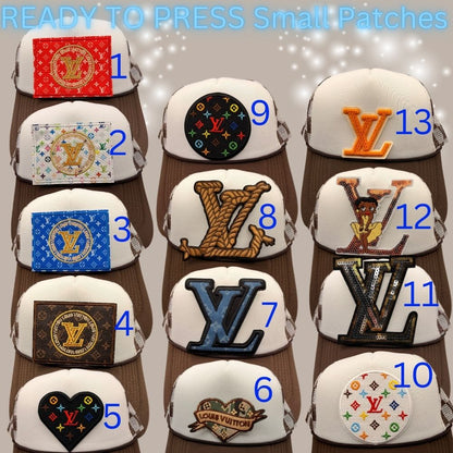Designer-Inspired Monogram & Icon Patches – Embroidered Ready-to-Press Appliqués for Trucker Hats & Apparel (13 Styles)