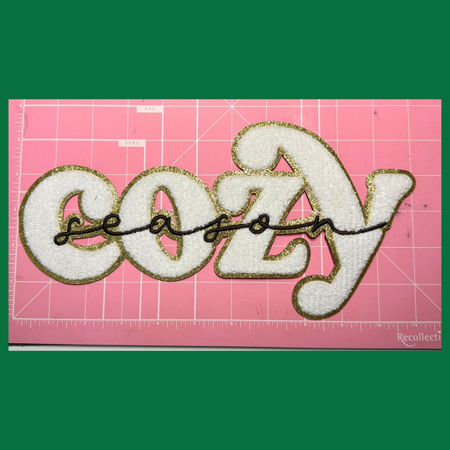 COZY Season Chenille Patch – White Bouclé with Gold Glitter Border & Black Script – Iron-On or Sew-On