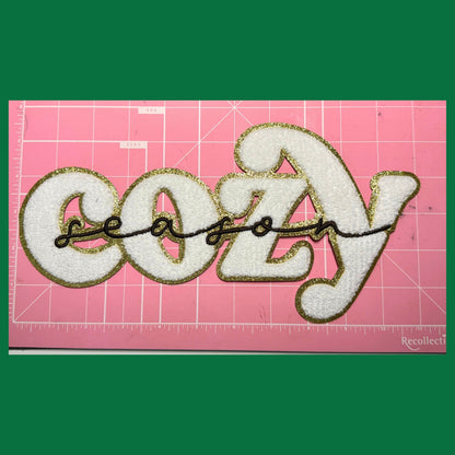 COZY Season Chenille Patch – White Bouclé with Gold Glitter Border & Black Script – Iron-On or Sew-On