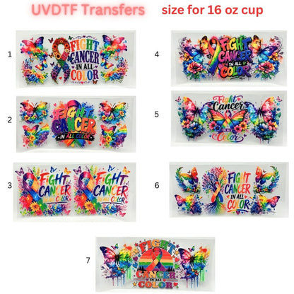 Fight Cancer in All Colors UV DTF Cup Wrap | 16 oz Glass Can Transfer | Rainbow Awareness Ribbon & Butterfly Designs