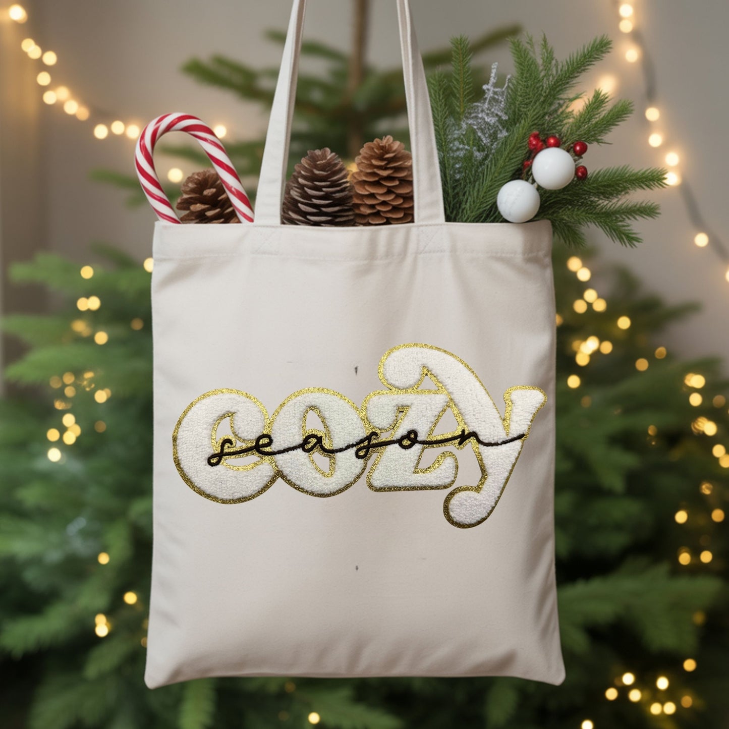 COZY Season Chenille Patch – White Bouclé with Gold Glitter Border & Black Script – Iron-On or Sew-On