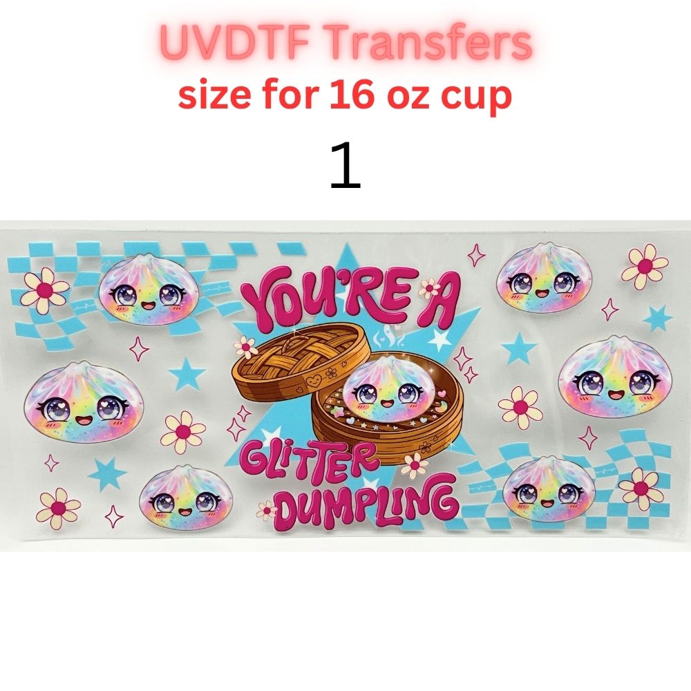Cute Glitter Dumpling UV DTF Cup Wrap | 16 oz Glass Can Transfer | Kawaii Colorful Dumpling Designs | Choose 1–9