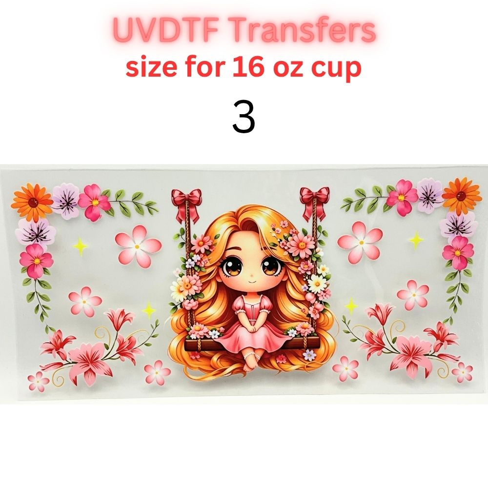 Whimsical Fairytale Girl UV DTF Cup Wrap | 16 oz Glass Can Transfer | Floral Princess-Inspired Designs | Choose 1–11