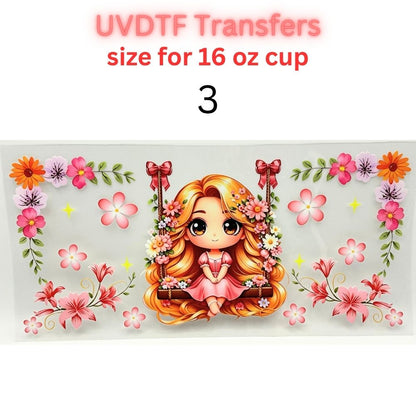 Whimsical Fairytale Girl UV DTF Cup Wrap | 16 oz Glass Can Transfer | Floral Princess-Inspired Designs | Choose 1–11