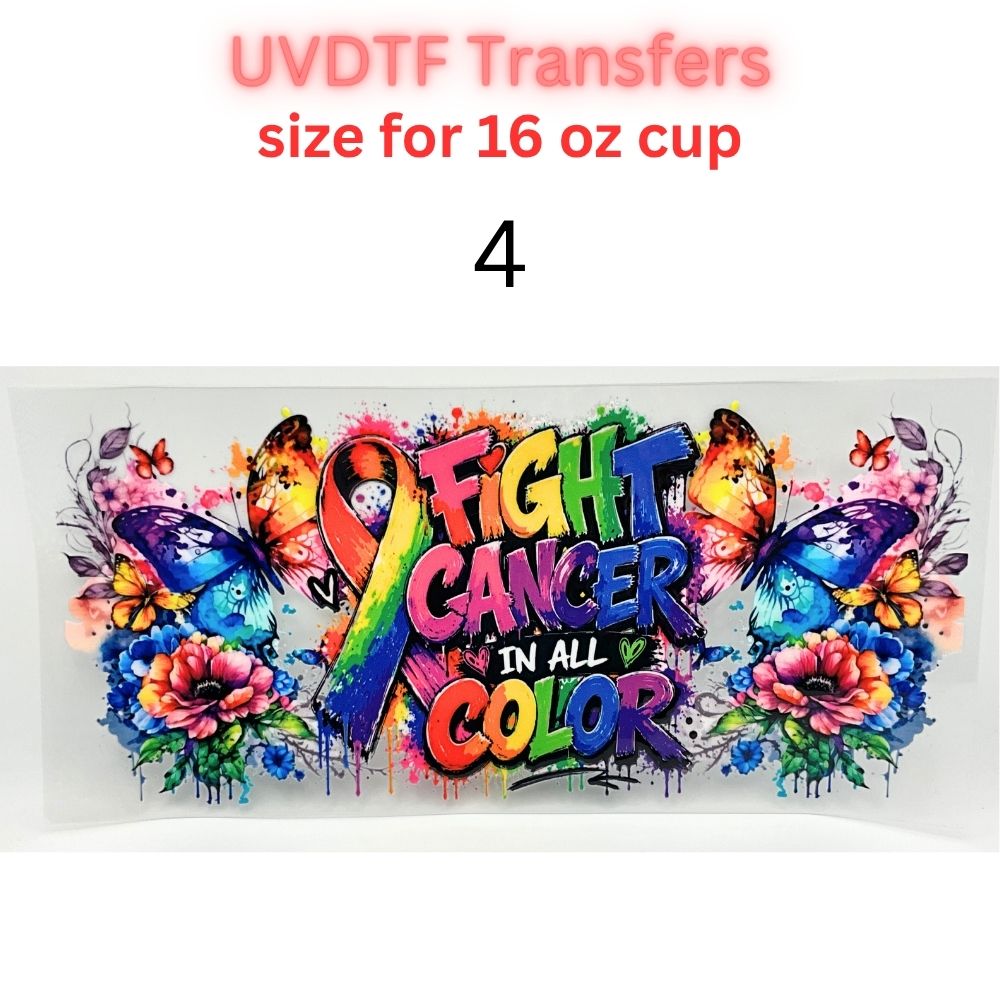 Fight Cancer in All Colors UV DTF Cup Wrap | 16 oz Glass Can Transfer | Rainbow Awareness Ribbon & Butterfly Designs