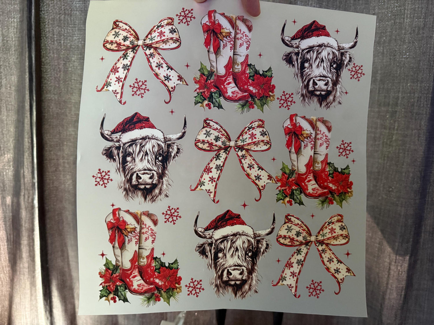 Vintage Christmas Highland Cow DTF Transfer – Bow & Boots Holiday Heat Press Design