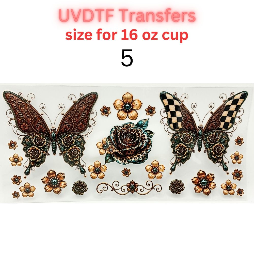 Leopard Print & Butterfly UV DTF Cup Wrap | 16 oz Glass Can Transfer | Animal Print Floral Designs | Choose 1–5