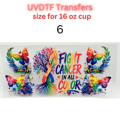 Fight Cancer in All Colors UV DTF Cup Wrap | 16 oz Glass Can Transfer | Rainbow Awareness Ribbon & Butterfly Designs