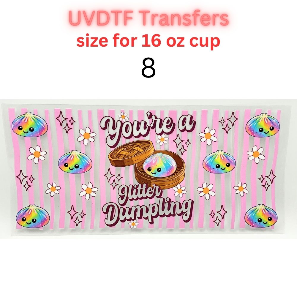 Cute Glitter Dumpling UV DTF Cup Wrap | 16 oz Glass Can Transfer | Kawaii Colorful Dumpling Designs | Choose 1–9