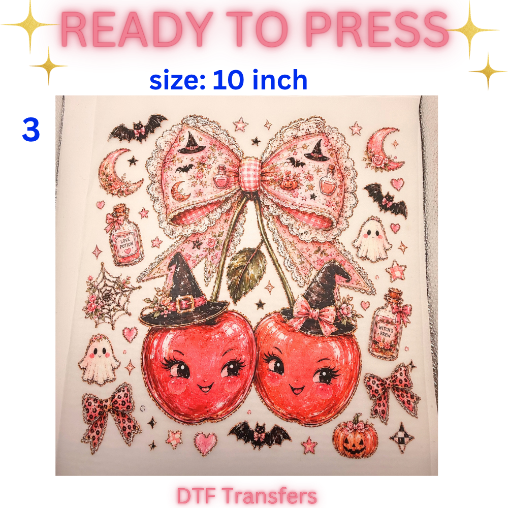 Pink Halloween Cherry DTF Transfers | 10-Inch Ready-to-Press | 3 Designs