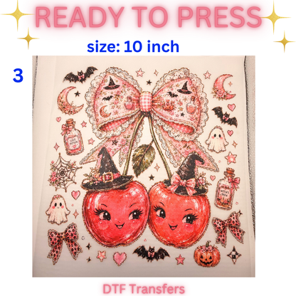 Pink Halloween Cherry DTF Transfers | 10-Inch Ready-to-Press | 3 Designs