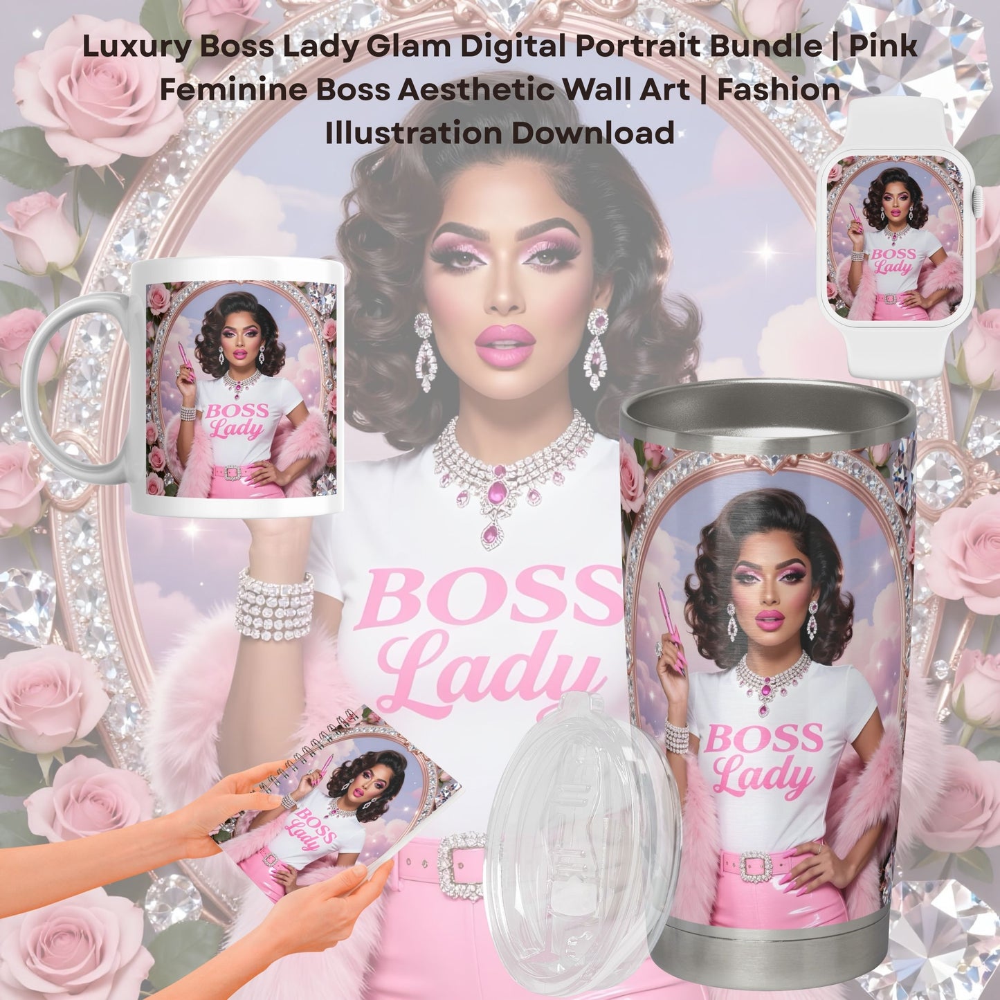 Luxury Boss Lady Glam Digital Portrait Bundle | Pink Feminine Boss Aesthetic Wall Art | Fashion Illustration Download