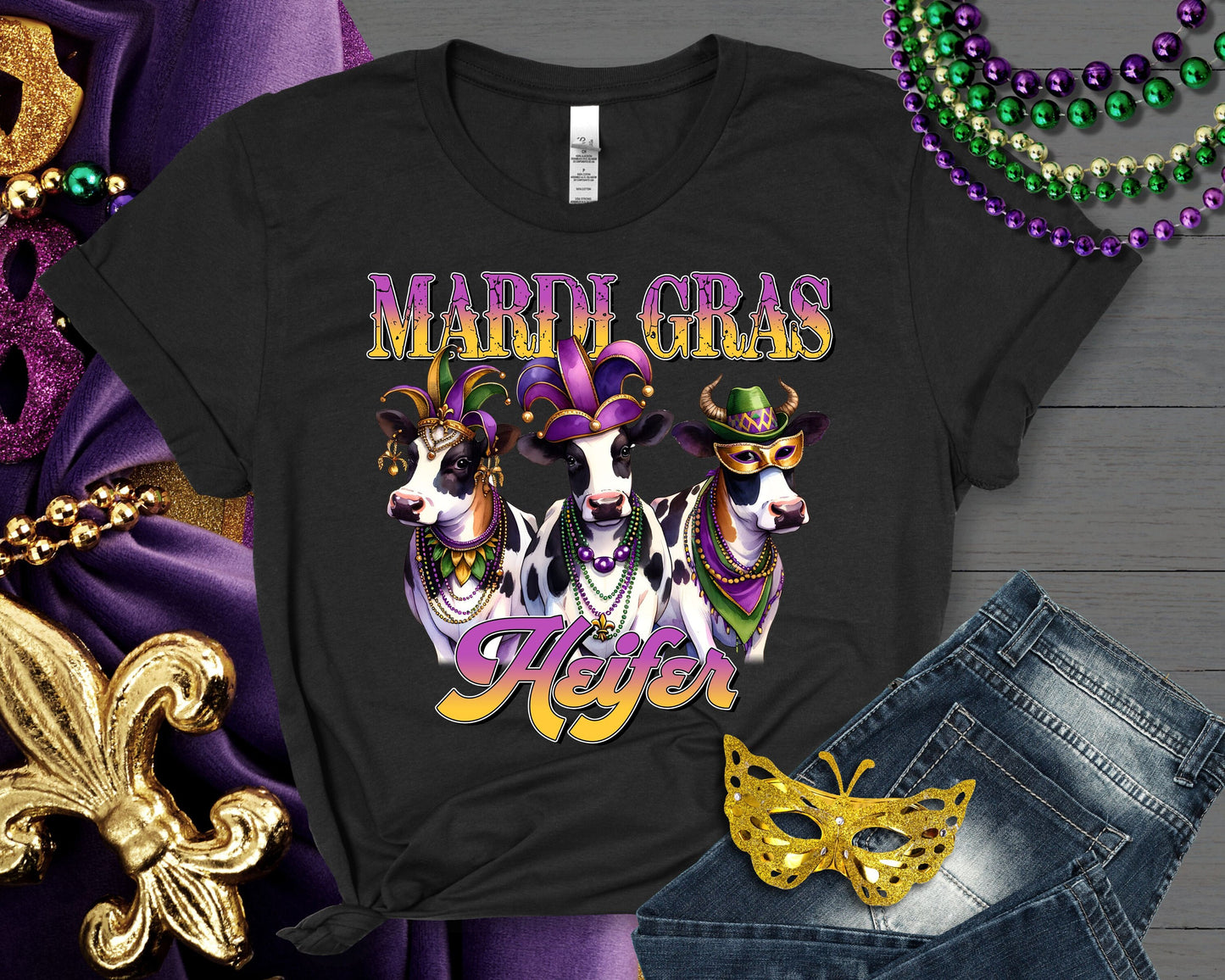 Mardi Gras Heifer PNG – Cute Cow Sublimation Design with Beads & Fat Tuesday Flair