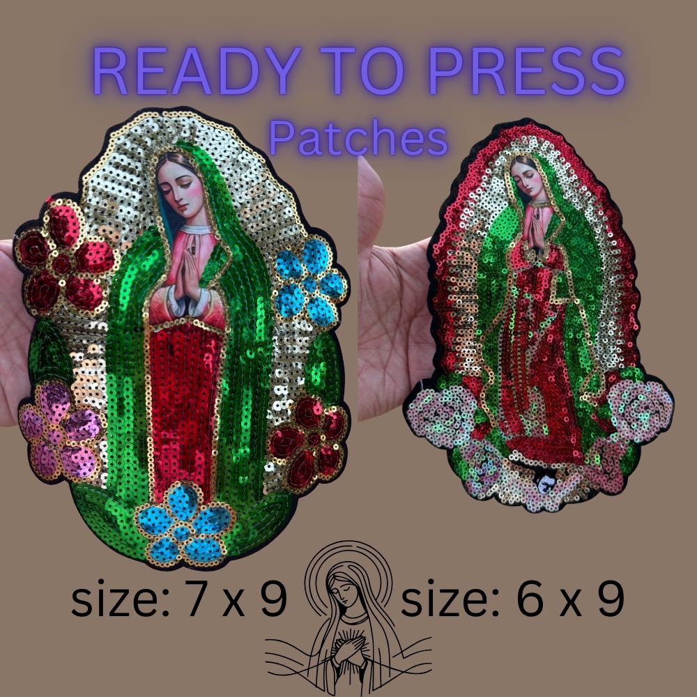 Virgin of Guadalupe Sequin Patch – Religious Iron-On Applique (6x9 & 7x9 in) Ready to Press