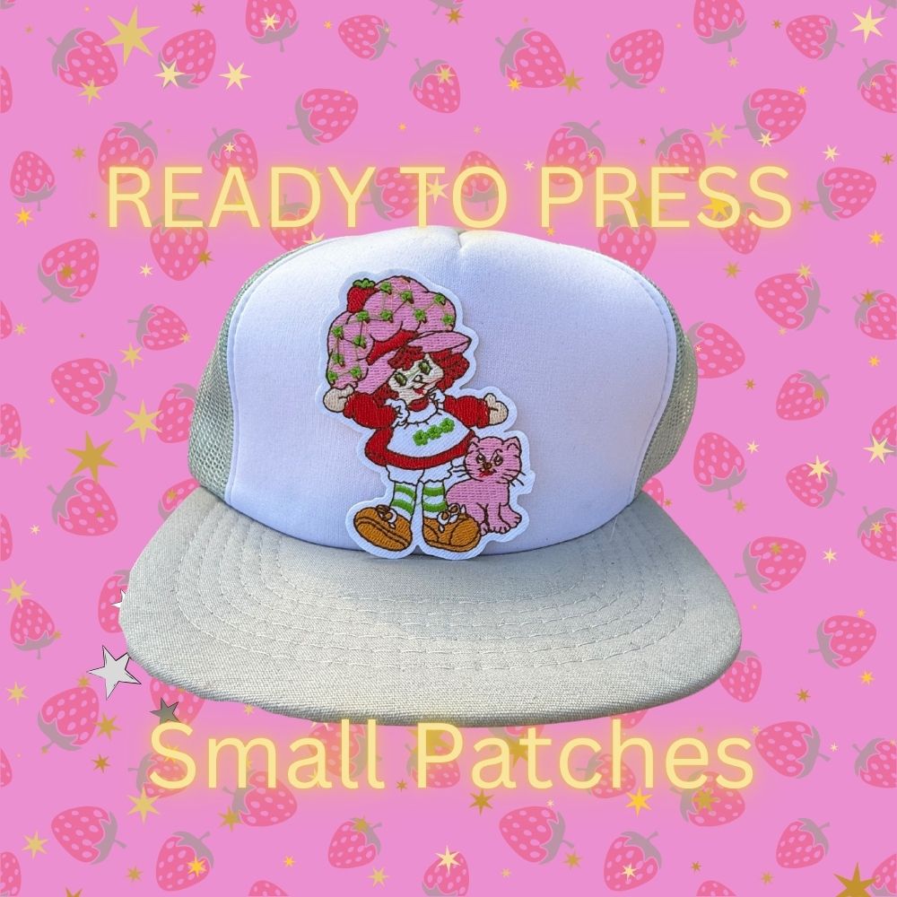 Strawberry Girl Embroidered Patch – Cute Pink Cat Friend Iron-On or Sew-On Retro Patch