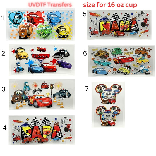 Kids Racing Cartoon UV DTF Cup Wrap Transfers | Retro Race Car Inspired Designs | 16 oz Libby Cup Decals