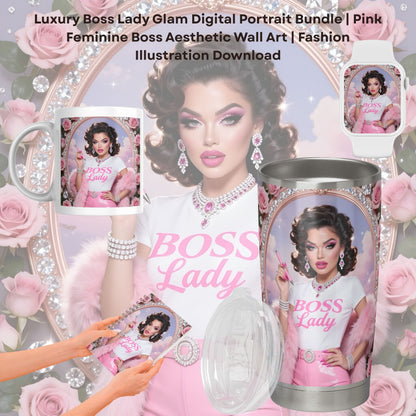 Luxury Boss Lady Glam Digital Portrait Bundle | Pink Feminine Boss Aesthetic Wall Art | Fashion Illustration Download