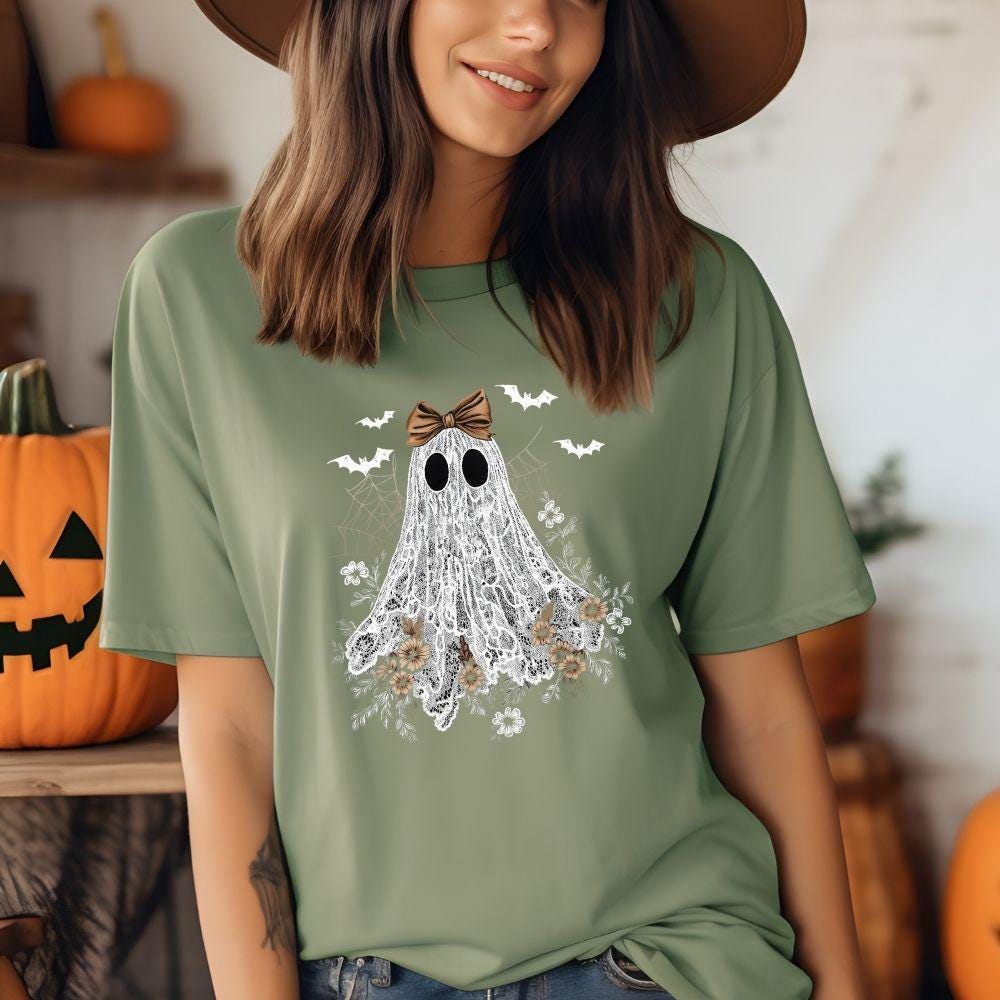 Halloween Lace Ghost DTF Transfer – Spooky Coquette Iron-On (10-Inch Ready to Press)