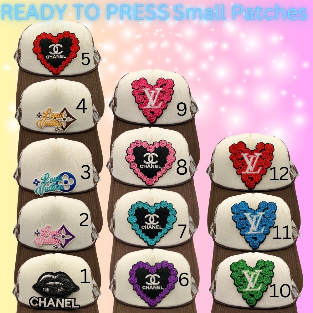 Designer-Inspired Small Embroidered Patches | Heart, Lips & Monogram Style Patches | Hat Bar Ready Press | Trendy Boutique Patches
