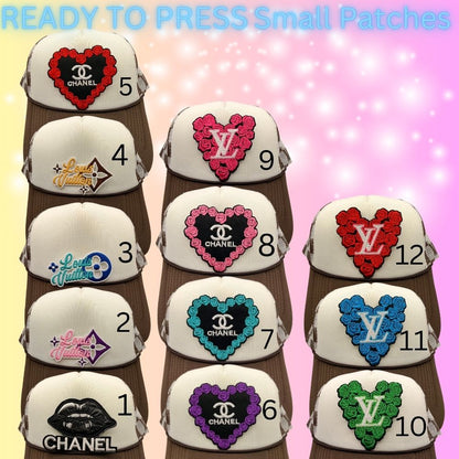 Designer-Inspired Small Embroidered Patches | Heart, Lips & Monogram Style Patches | Hat Bar Ready Press | Trendy Boutique Patches