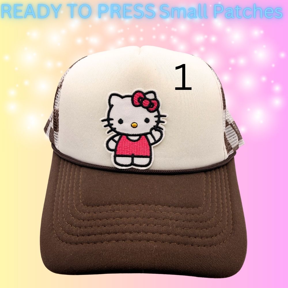Cute Kitty Character Embroidered Patches | Kawaii Cartoon Style Small Patches | Hat Bar Ready Heat Press | Girly Trendy Patches