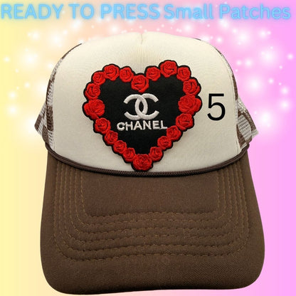 Designer-Inspired Small Embroidered Patches | Heart, Lips & Monogram Style Patches | Hat Bar Ready Press | Trendy Boutique Patches