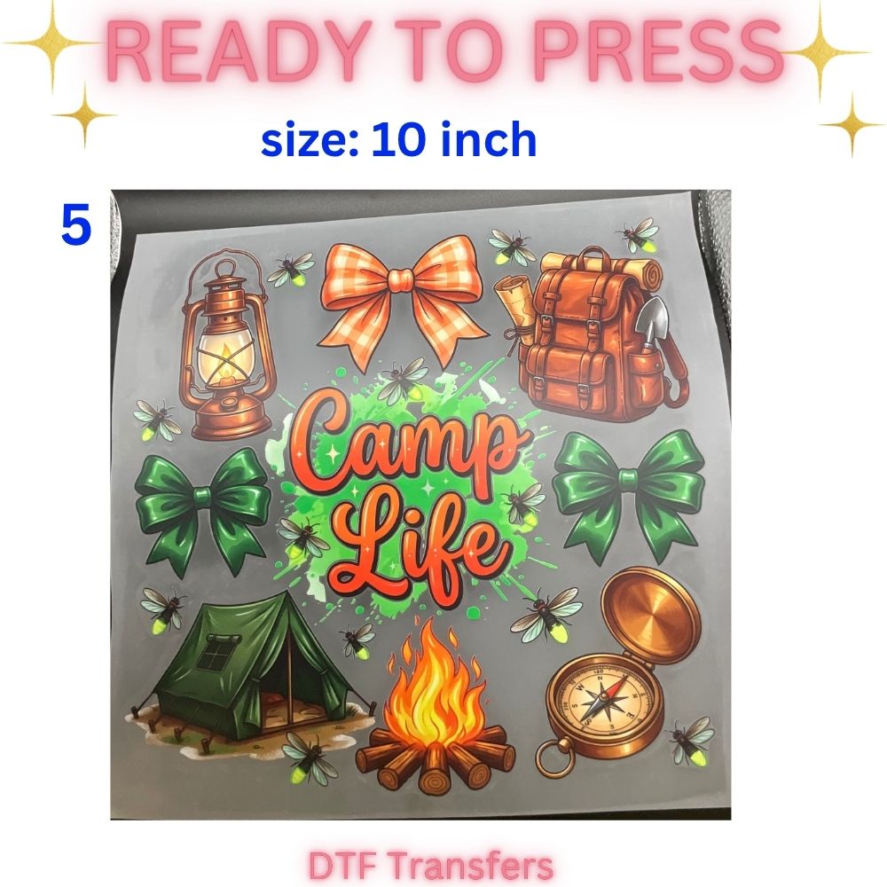 Ready to Press DTF Transfers | Camp Life | Funny Face | Woodland Animals | Cute Dumpling | Novelty Designs | 10 Inch and 12 Inch Heat Transfer