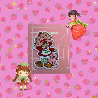 Strawberry Girl Embroidered Patch – Cute Pink Cat Friend Iron-On or Sew-On Retro Patch