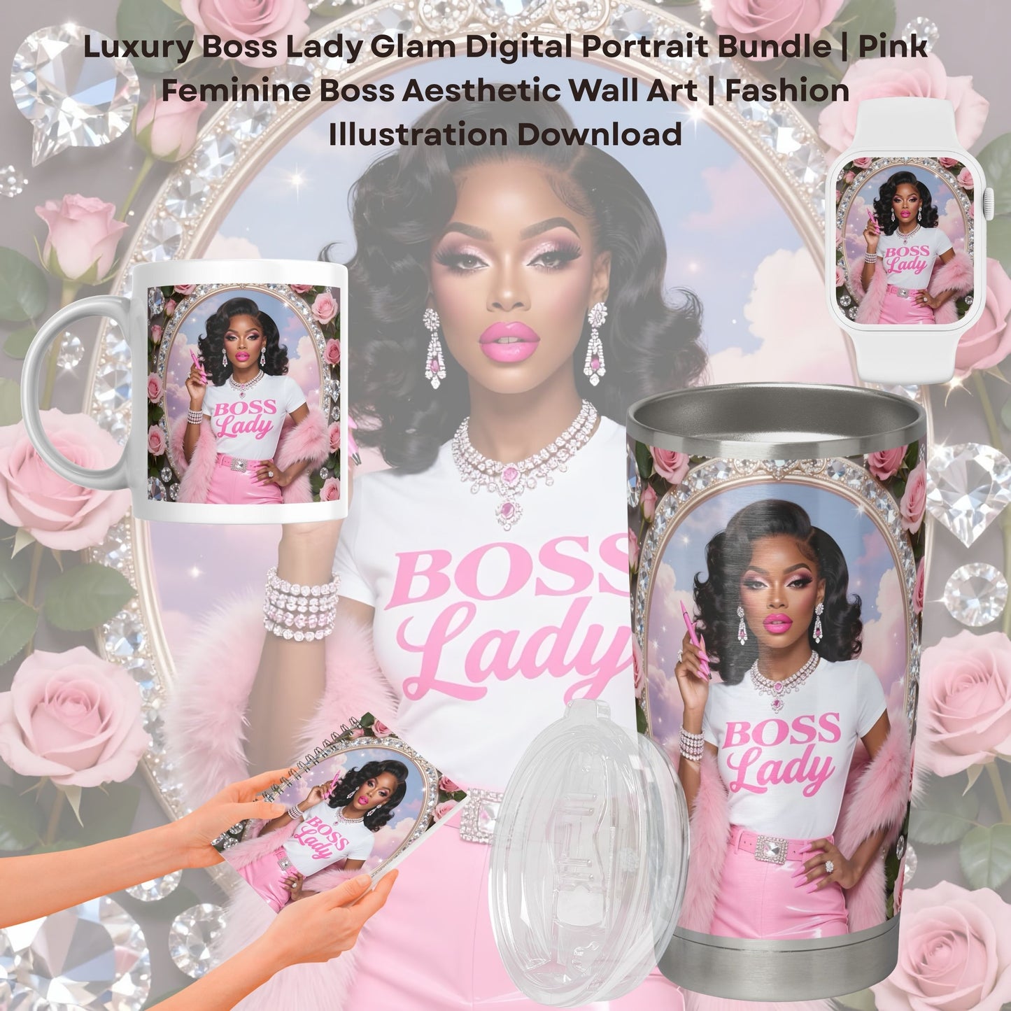 Luxury Boss Lady Glam Digital Portrait Bundle | Pink Feminine Boss Aesthetic Wall Art | Fashion Illustration Download