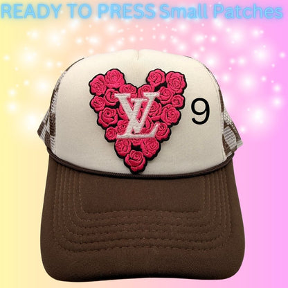Designer-Inspired Small Embroidered Patches | Heart, Lips & Monogram Style Patches | Hat Bar Ready Press | Trendy Boutique Patches