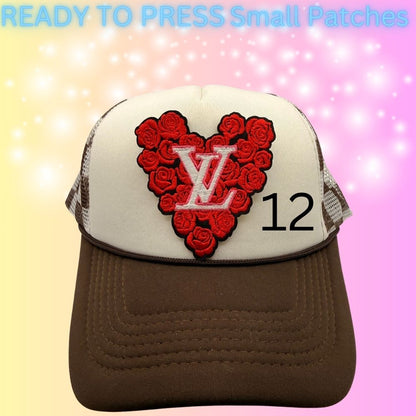 Designer-Inspired Small Embroidered Patches | Heart, Lips & Monogram Style Patches | Hat Bar Ready Press | Trendy Boutique Patches