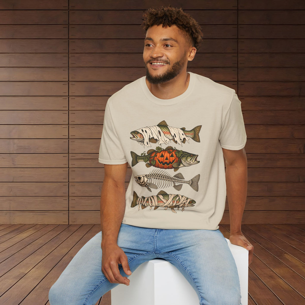 Halloween Fish Skull T-Shirt – Spooky Pumpkin & Fish Bones Fishing Tee