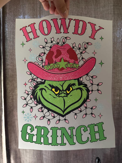 Howdy Grinchy Christmas DTF Transfer – Cowgirl Vibe Ready to Press Heat Transfer