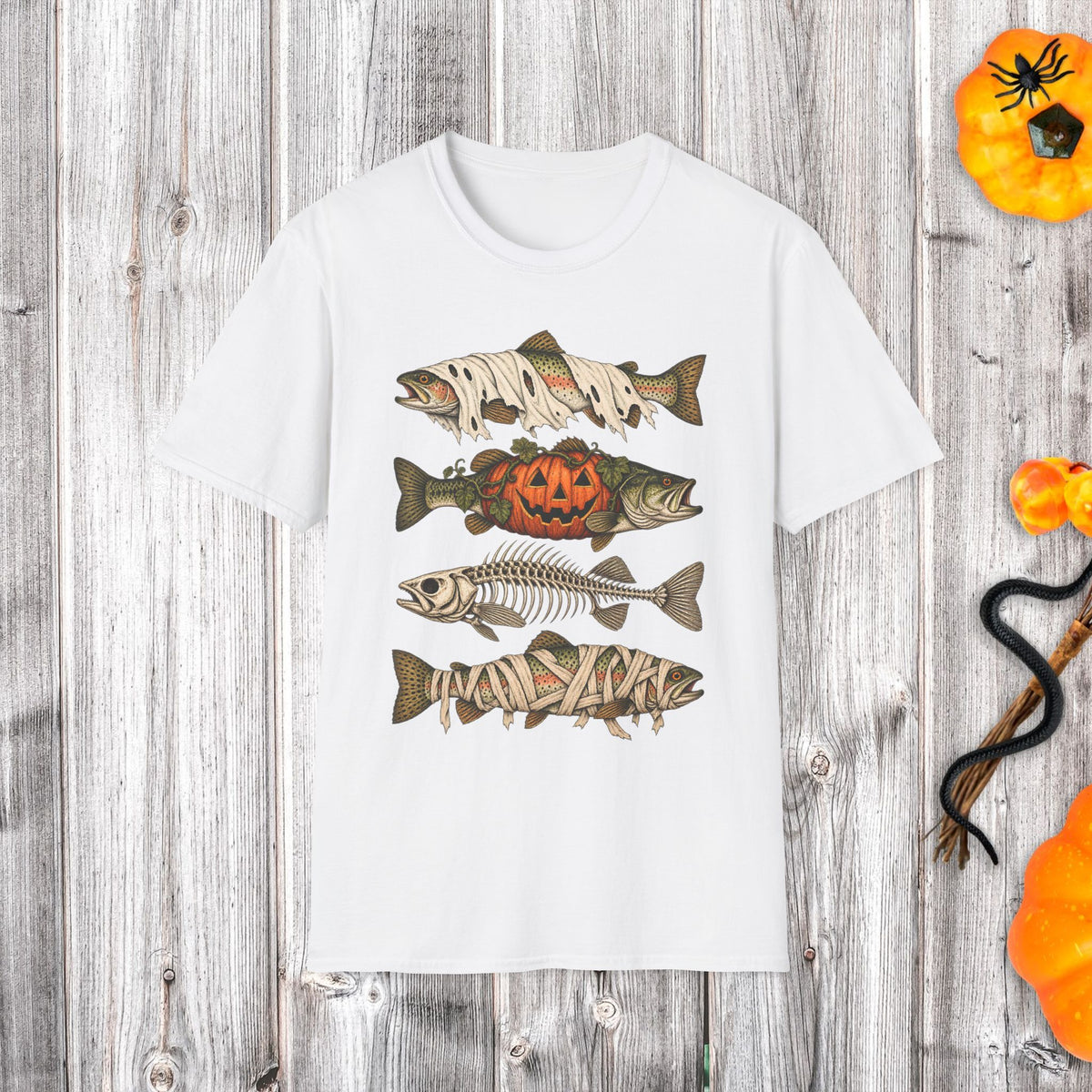 Halloween Fish Skull T-Shirt – Spooky Pumpkin & Fish Bones Fishing Tee